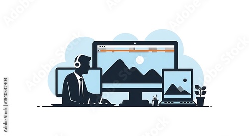 Professional working on a computer setup with several monitors, symbolizing multimedia editing and efficient digital content workflow