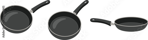 Black nonstick frying pan vector set, kitchenware icons for cooking, culinary tools, and household equipment design elements