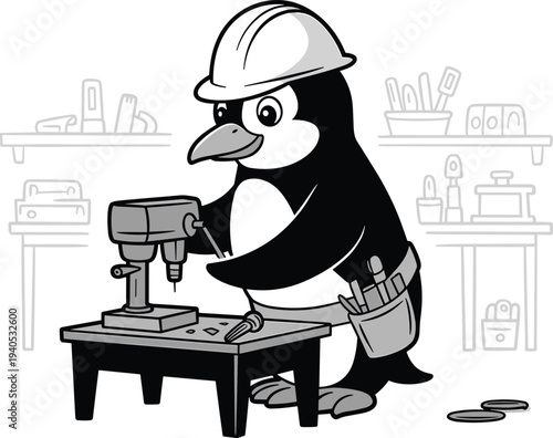 Penguin wearing hard hat using drill press in workshop tools
