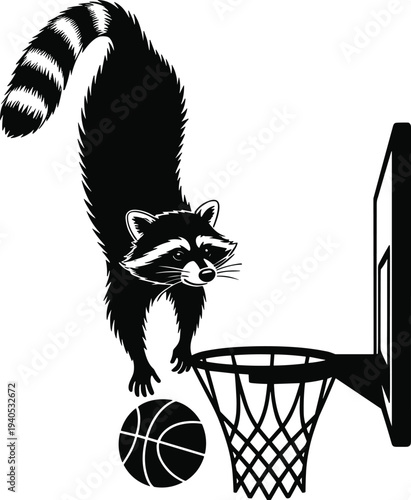 Raccoon jumping over basketball hoop with ball black
