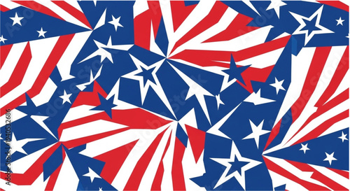 Dynamic American flag with geometric stars and shattered stripes.