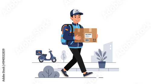 Delivery Man Walking with Package Box.