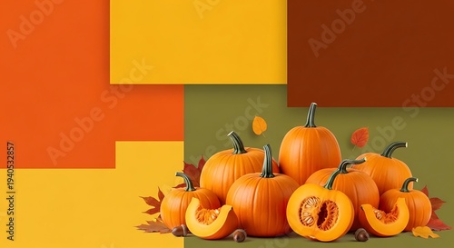 Vibrant autumn harvest display of fresh orange pumpkins, some sliced, with colorful fall foliage and nuts, set against a warm, modern graphic background