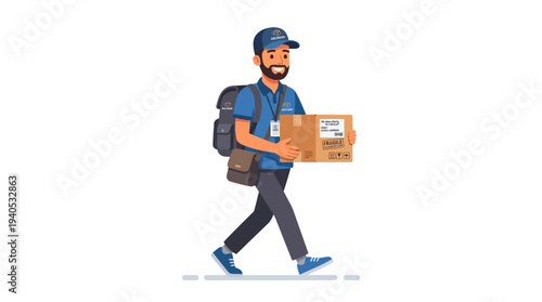 Delivery Man Walking with Package and Backpack.