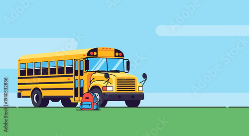Classic yellow school bus parked on a green field with a backpack, symbolizing readiness for education, learning, and the journey back to school