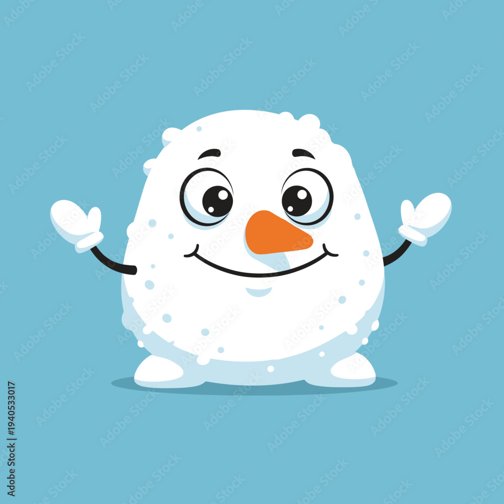 Obraz premium Cute Snowman Character with Carrot Nose and Mittens, Waving Hello