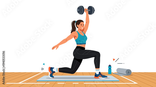 Woman Exercising with Dumbbell in Lunge Position.