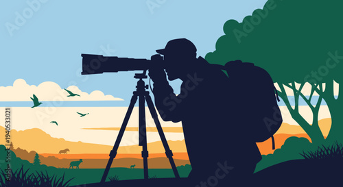 Silhouette of a wildlife photographer using a tripod and telephoto lens to capture birds in a scenic natural landscape at sunset with rolling hills and trees