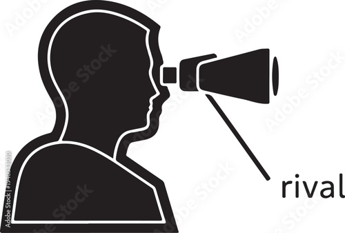 Silhouette of person looking through binoculars at the word rival telescope des