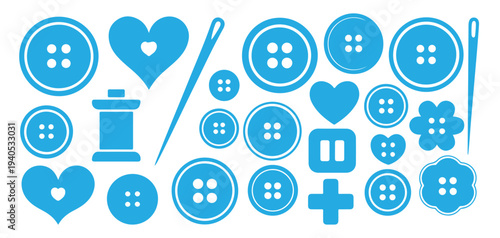 Light blue sewing button collection with round and star shaped icons. vector illustration eps 10