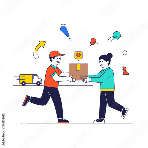 Delivery man handing package to customer, fast delivery, logistics, happy service