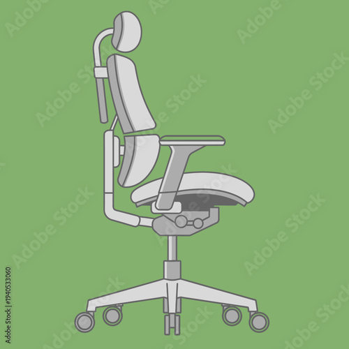 Ergonomic Office Chair with Headrest and Armrests, Side View, Modern Design