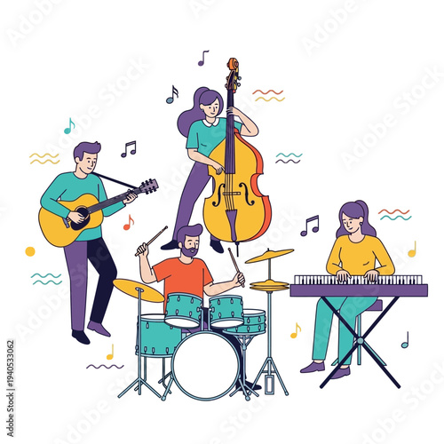 Diverse jazz band playing music together, illustration