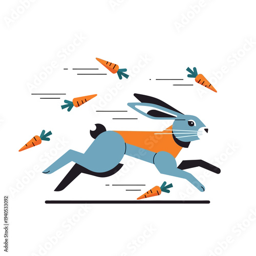 Fast Rabbit Running with Carrots, Speed, Motion, Healthy Food, Animal