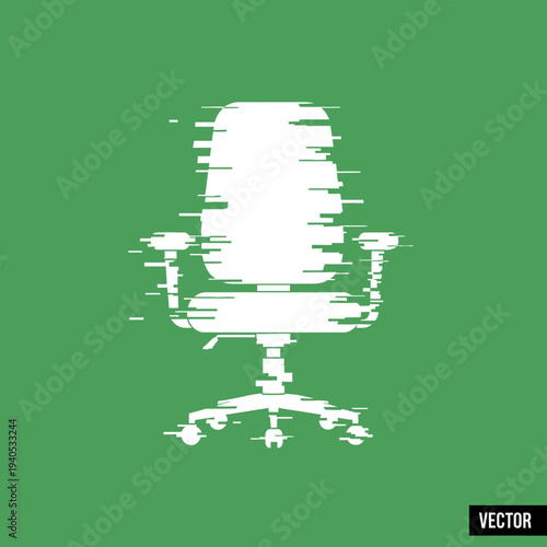 Glitch effect office chair icon on green background, digital art, modern design