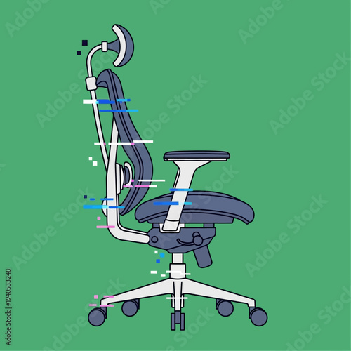 Glitching Ergonomic Office Chair on Green Background, Digital Distortion Effect