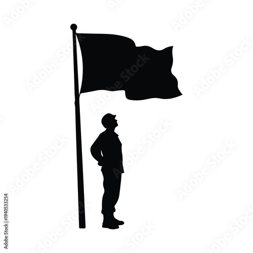 Confident man standing proudly next to waving flag in strong stance