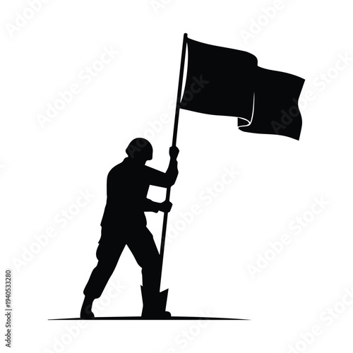 Determined soldier planting flag with strength and courage in battle