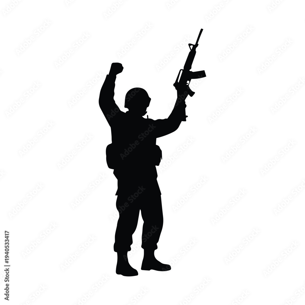 Obraz premium Soldier celebrating victory with rifle in hand triumphantly