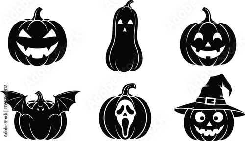 Halloween jack o lantern pumpkin silhouette set, featuring spooky faces, witch hat, bat wings, and ghost expressions, black vector holiday icons.