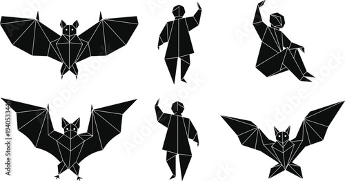 Geometric origami bat and human figure silhouette set, paper fold style black vector icons, minimalist polygonal animals and people illustrations.