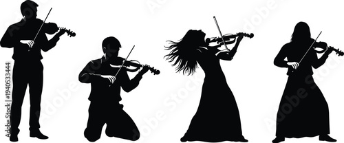 Violin player silhouette set featuring male and female musicians, classical orchestral performance, dramatic musical poses, violinists playing string instrument, vector icons.