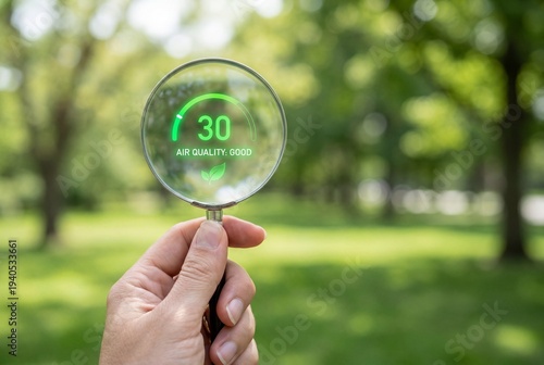 hand holding a magnifying glass to check the good air quality and clean outdoor air quality safe from pollution dust PM 2.5.