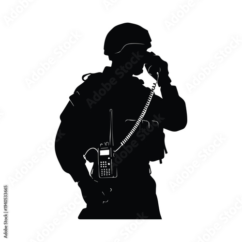 Soldier using communication device on white background