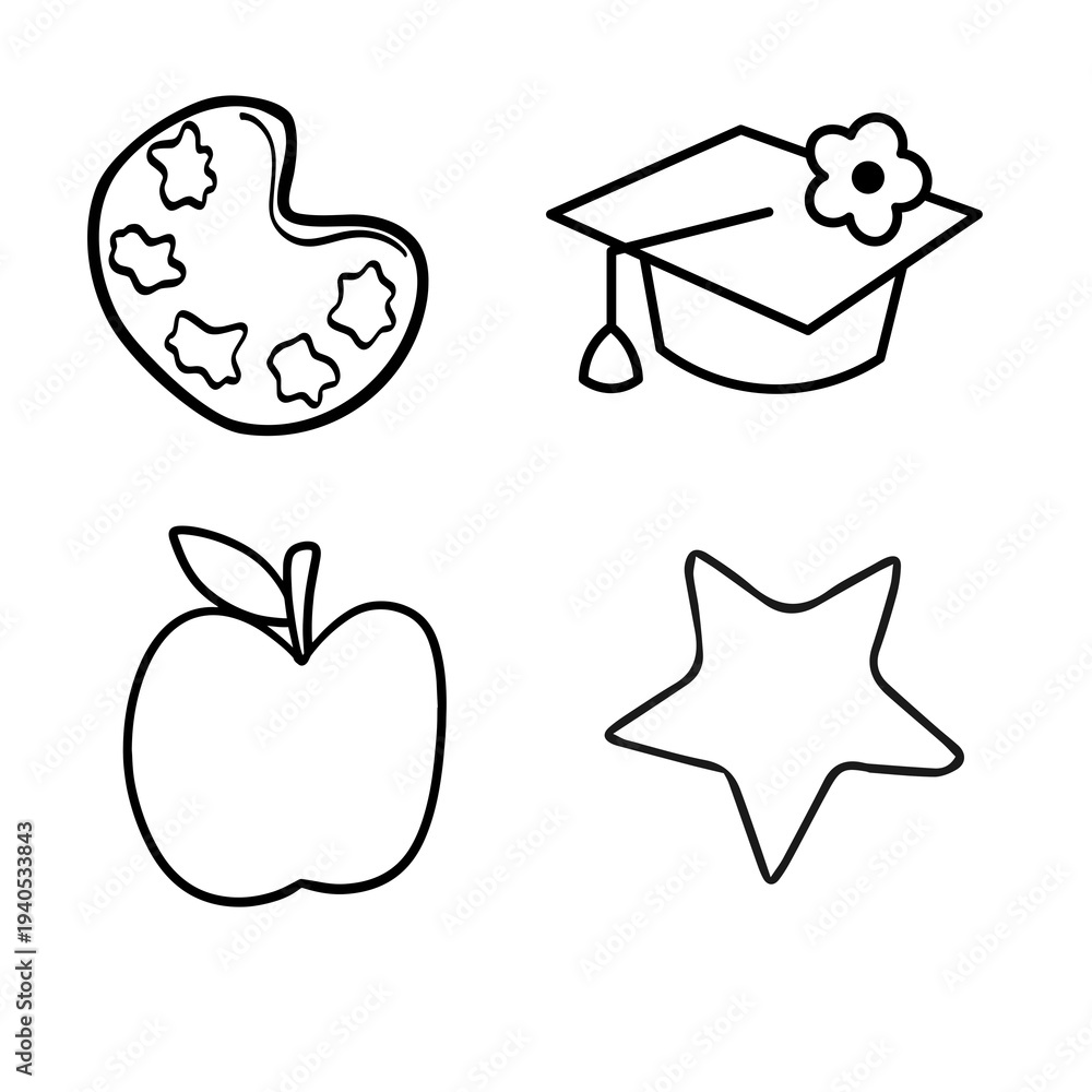 Fototapeta premium Collection of educational icons a palette for art, a graduation cap, an apple, and a star