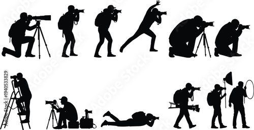 Black and white vector silhouettes of professional photographers, paparazzi, and filmmakers using cameras, tripods, and lighting equipment in various poses.