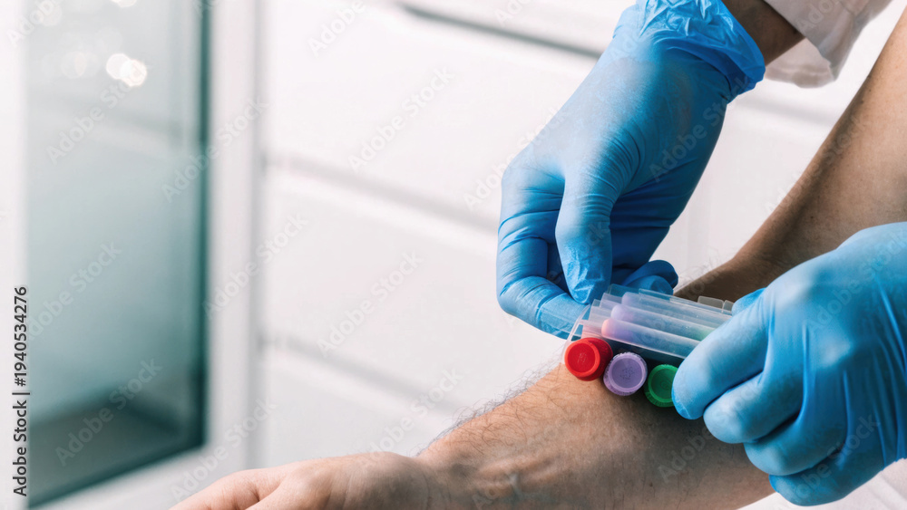 Obraz premium Blood sample collection in laboratory by gloved technician with vials and arm puncture