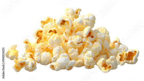 Ultra realistic HD popcorn with butter texture, scattered kernels, isolated on white background