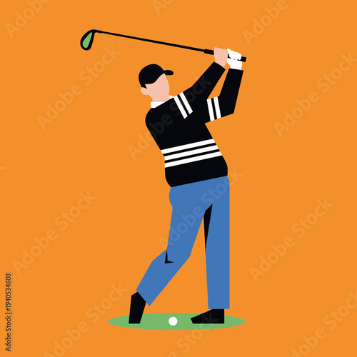Golfer swinging club, hitting golf ball on green, dynamic action shot, orange background