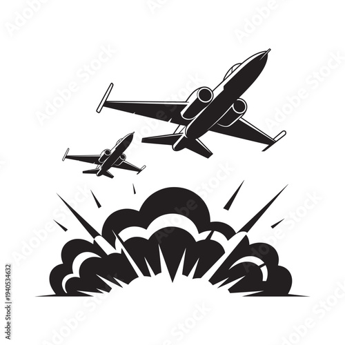 A dynamic black and white illustration depicts fighter jets soaring amidst explosive bursts and contrails high quality