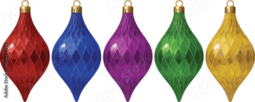 Set of Colorful Teardrop Christmas Ornaments with Diamond Pattern and Metallic Toppers for Festive Holiday Tree Decoration.