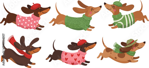 Adorable Dachshund Dog Character Set Featuring Puppies Running in Colorful Heart and Polka Dot Sweaters with Berets and Scarves.