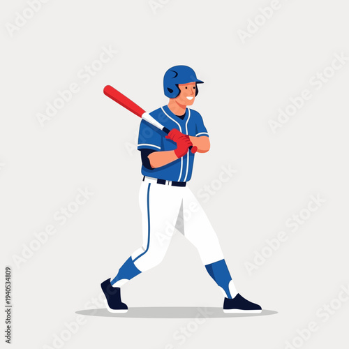 Baseball player in blue uniform swinging a red bat, ready to hit the ball on a white background.