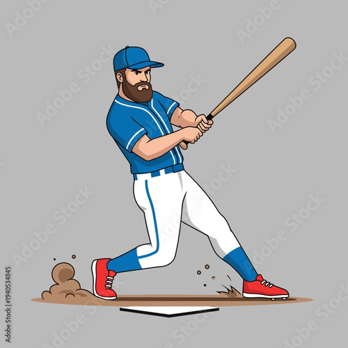 Bearded baseball player swinging a bat with power, mid-action, dynamic pose, sports illustration