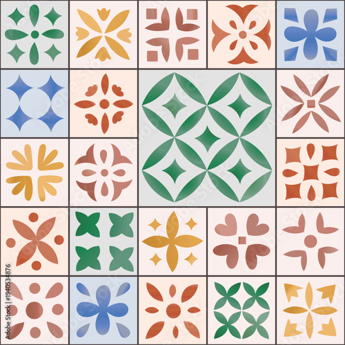 Watercolor beige portugal, spanish botanical ornamental tile seamless pattern. Geometric saudi, moroccan floral vector ceramic background design