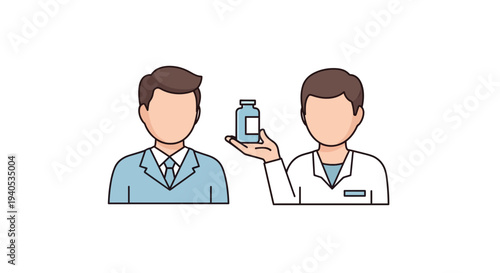 Doctor showing medicine bottle to patient illustration, representing healthcare consultation and treatment advice