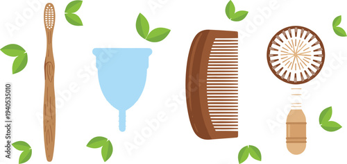 Eco Friendly Personal Care Set Featuring Bamboo Toothbrush Menstrual Cup and Wooden Hair Combs for Sustainable Zero Waste Lifestyle Design.