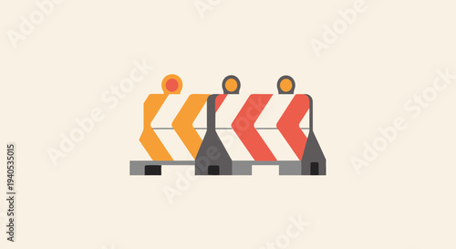 Three colorful construction safety barriers with chevron patterns arranged in a line
