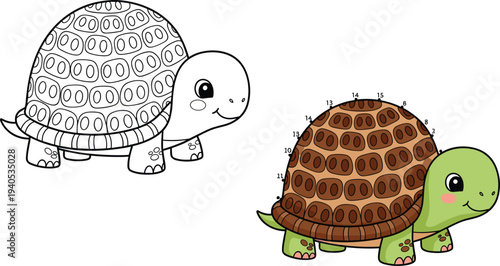 Cute Turtle Character Activity Set Featuring a Detailed Line Art Coloring Page and a Numbered Dot-to-Dot Puzzle for Kids' Education and Creativity.