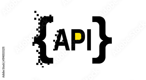 Abstract API logo with pixelated brackets and yellow highlight, representing technology and programming