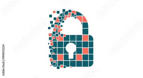 Digital security concept: pixelated padlock dissolving into small squares, representing data loss or encryption