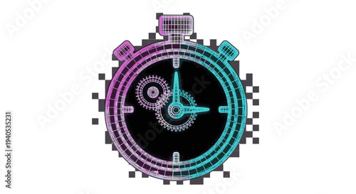 Digital stopwatch with glowing neon outline and pixelated edges, representing time and technology