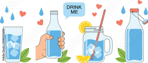 Set of Refreshing Water Drinks Featuring Clear Glass Bottles and Jars with Ice Cubes Lemon Slices and Green Leaves for Healthy Hydration Design.