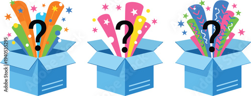 Set of Mystery Surprise Boxes with Question Marks and Vibrant Confetti for Gamification and Giveaway Marketing Design.