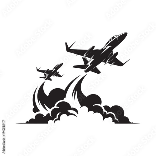 Two sleek fighter jets soar through the air leaving trails of smoke below in a dynamic scene