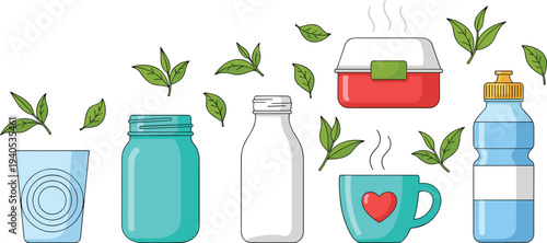 Sustainable Drinkware and Food Storage Set Featuring Reusable Glass Jars Bottles and Lunch Boxes for Zero Waste Eco Friendly Living.